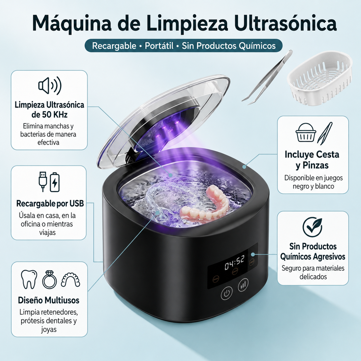 Limpiador Ultrasónico para Dentaduras, Retenedores y Joyas