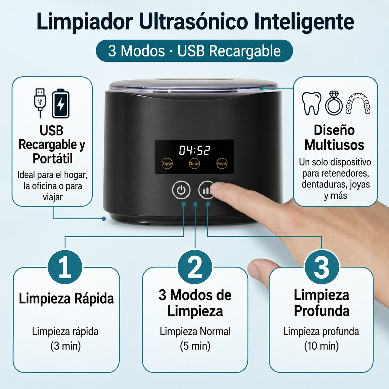 Limpiador Ultrasónico para Dentaduras, Retenedores y Joyas