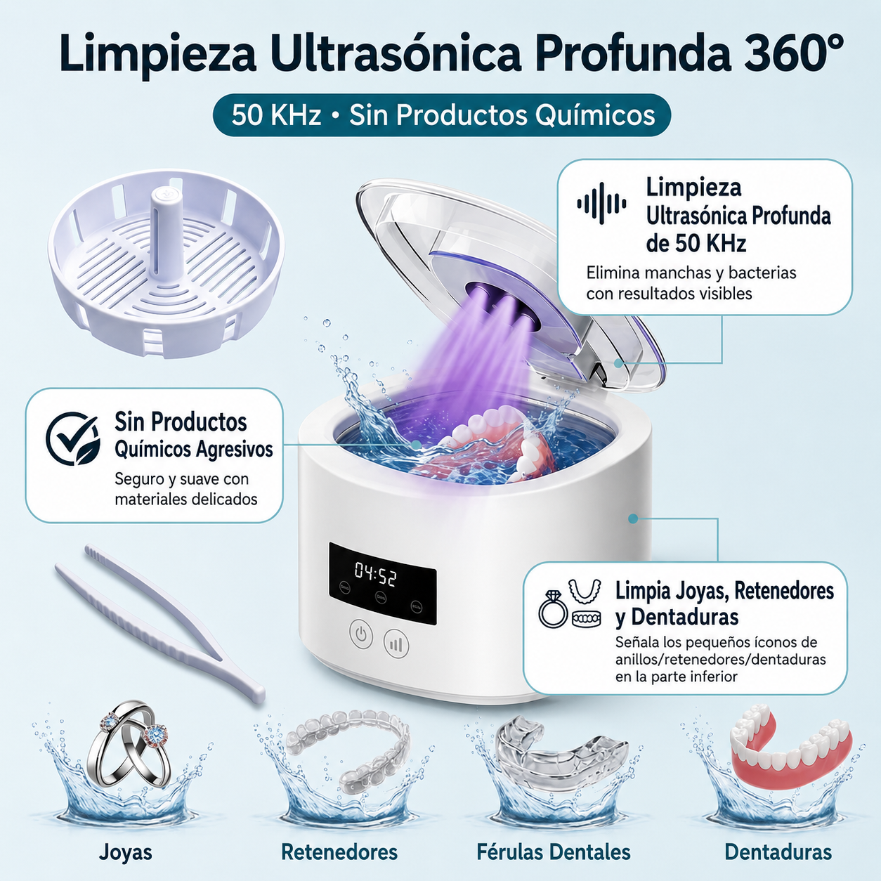 Limpiador Ultrasónico para Dentaduras, Retenedores y Joyas